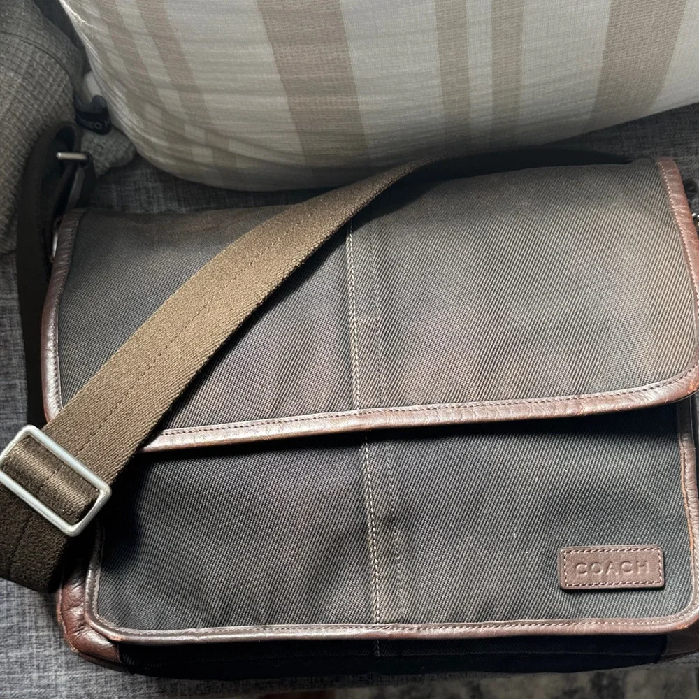 Coach Black Messenger Bag with Brown Leather Trimming & Brown Handle